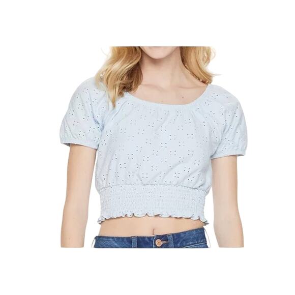 SO Y2k babydoll tee Eyelet Smocked Bottom Puff Sleeve Top crop cropped boxy Jr - Picture 1 of 4
